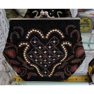 Elegant Black Beaded Evenening Bag Pouch with Shoulder Strap Ample Storage